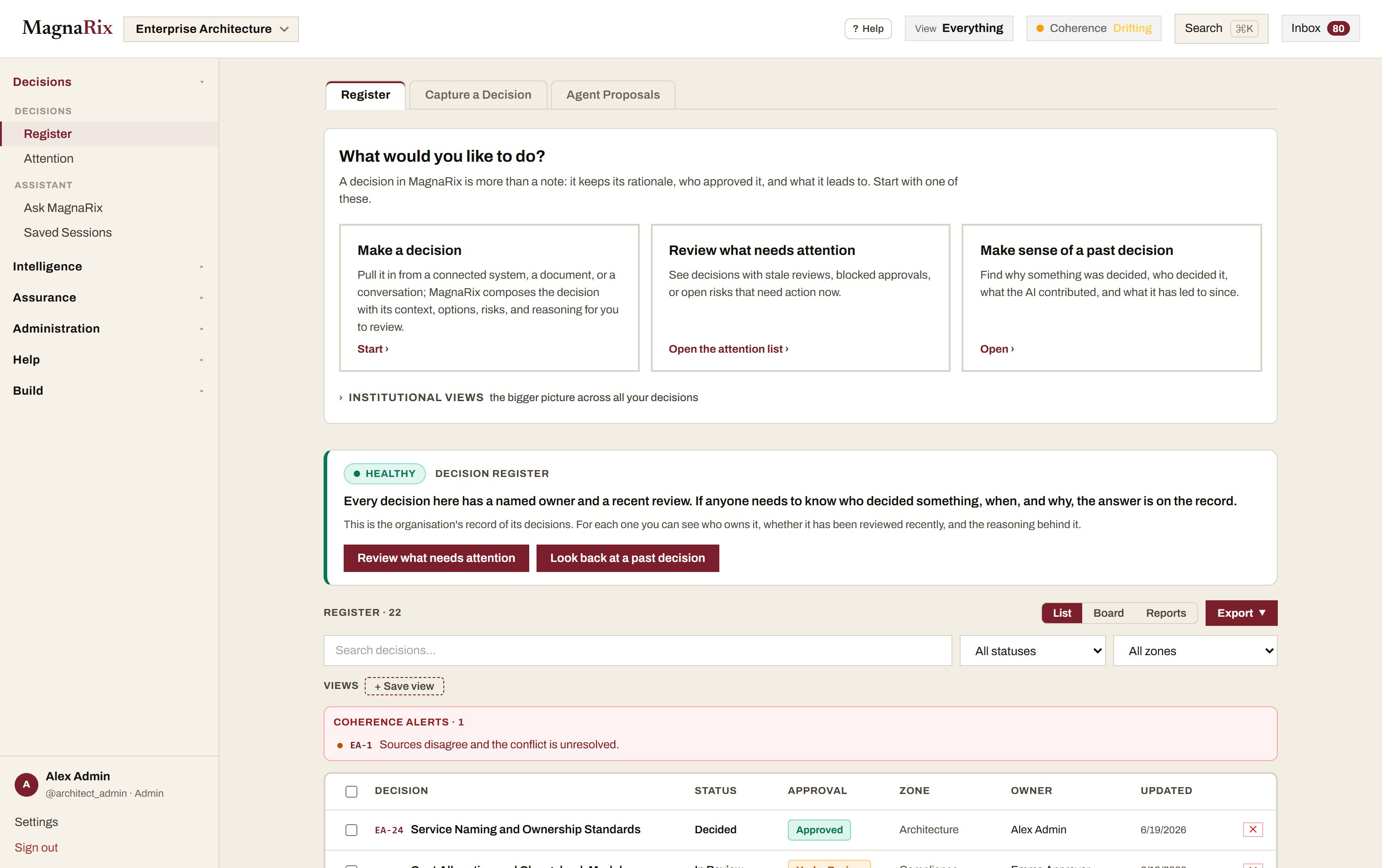 The MagnaRix Decision Register: every decision with its status, approval, authority zone, owner, and last update.